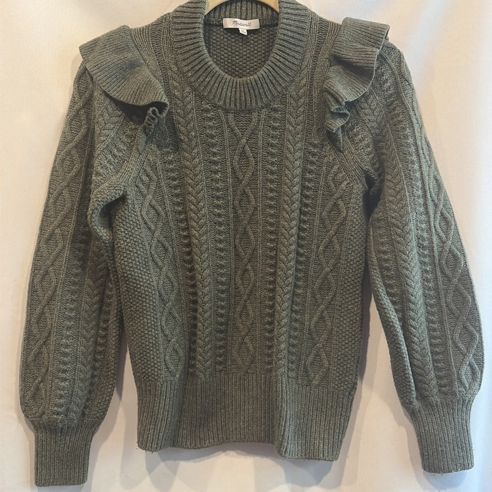 Madewell Hollydene Ruffle Shoulder Cable Knit Merino Wool Blend Sweater Green XS